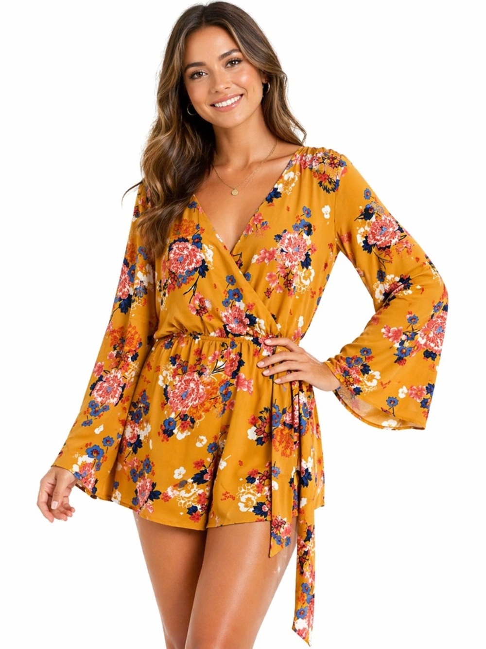 AS U WISH Mustard Floral Wrap Bell Sleeve Boho Romper Size Small